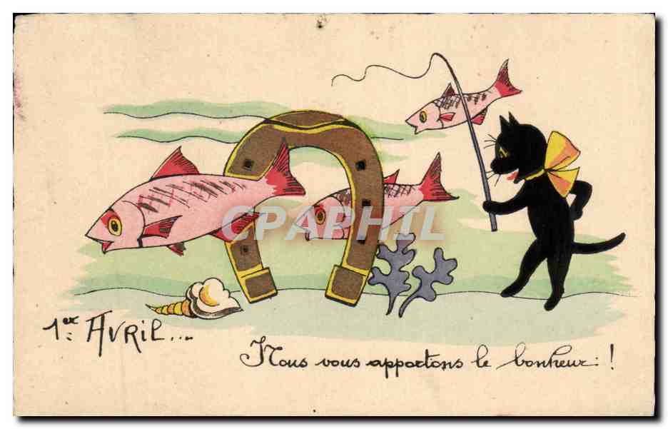 CPA Fantaisie Poisson Chat Fer a cheval 1er avril 