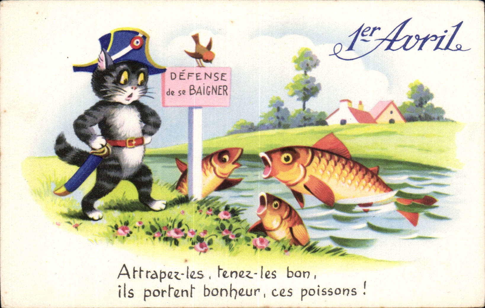 CPA Fantaisie Poissons Chat 1er Avril Paques Easter