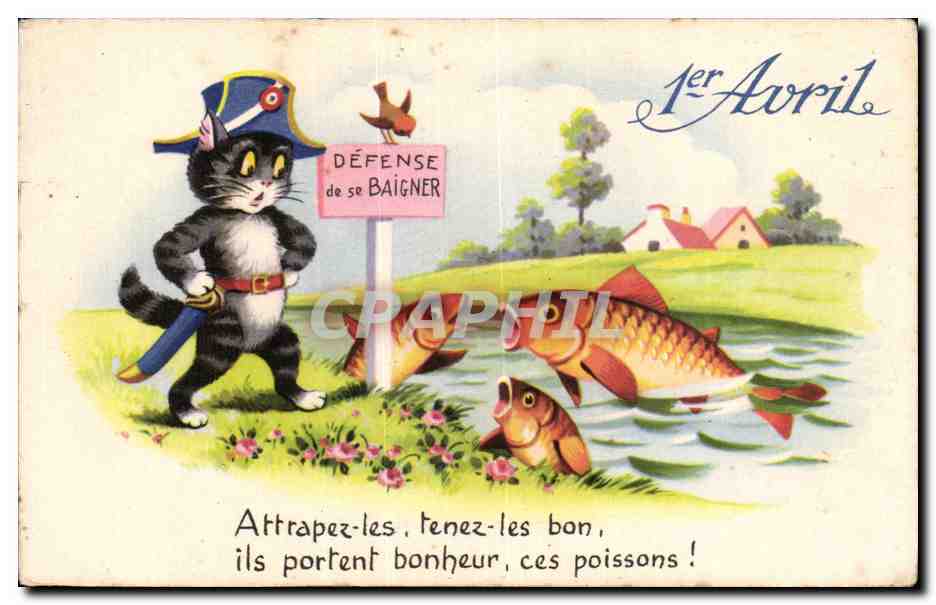 CPA Fantaisie Chat Poissons 1er Avril Paques Easter