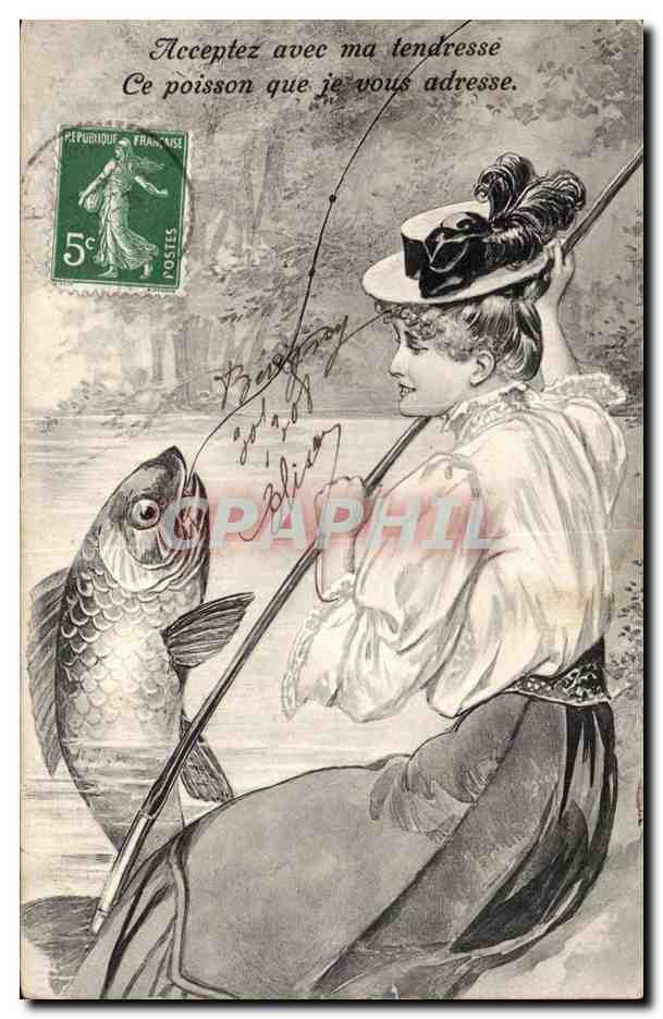 CPA Fantaisie Poisson Femme Peche 1er Avril Paques Easter