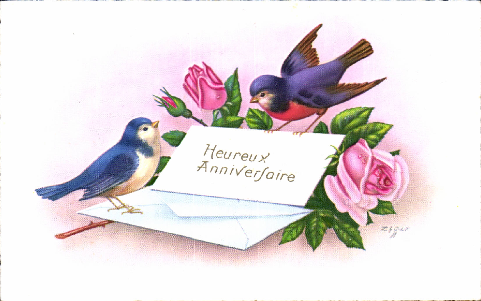 CPA Fantaisie oiseaux Heureux anniversaire