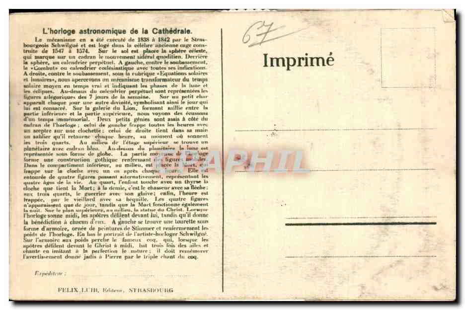 CPA CARTE SYSTEME Fantaisie Strasbourg Horloge astronomique de la cathedrale — Rückseite