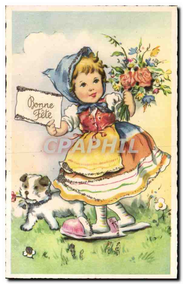 CPA Fantaisie Enfant et chien Bonne fete