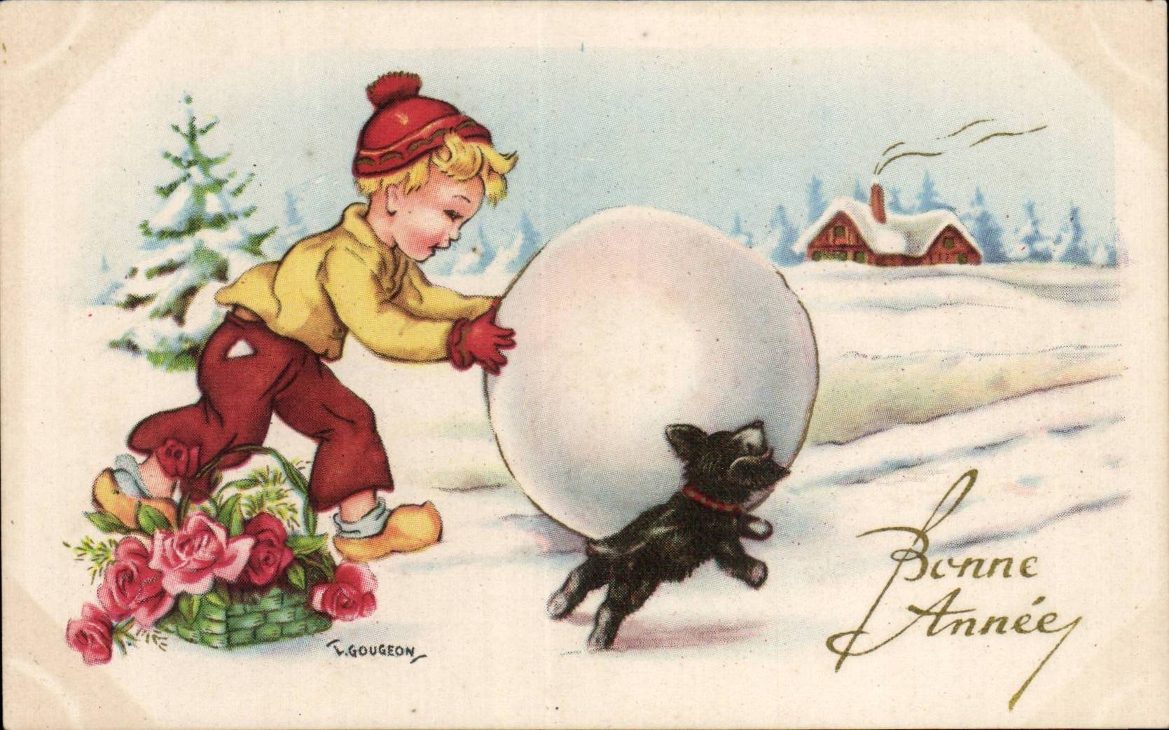 CPA Fantaisie Ski Boule de neige Chien Bonne annee