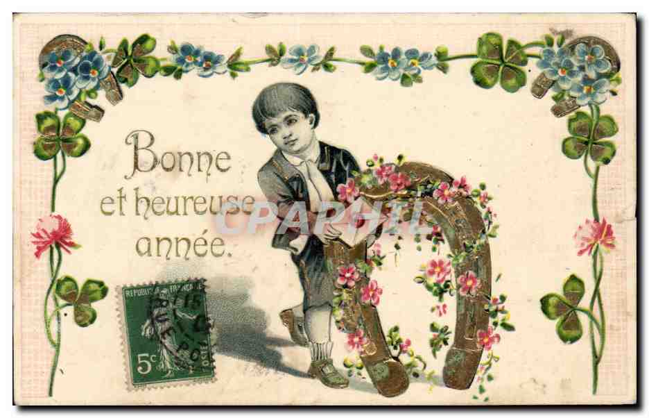 CPA Fantaisie Enfant Fer a cheval Bonne annee