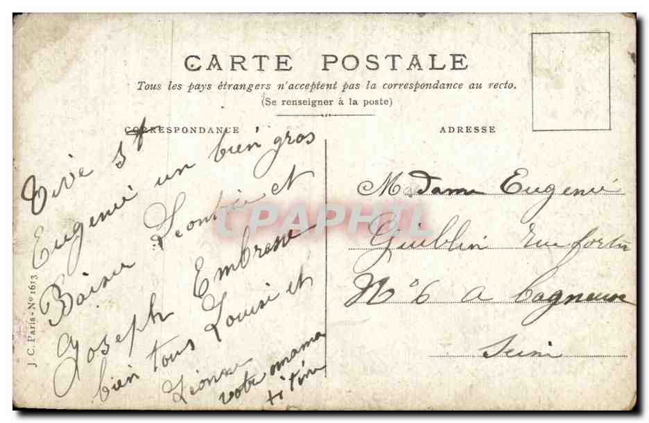 Poussins et colombes — 'Bonne Fête' en roses — J.C. Paris N°1613 — Verso