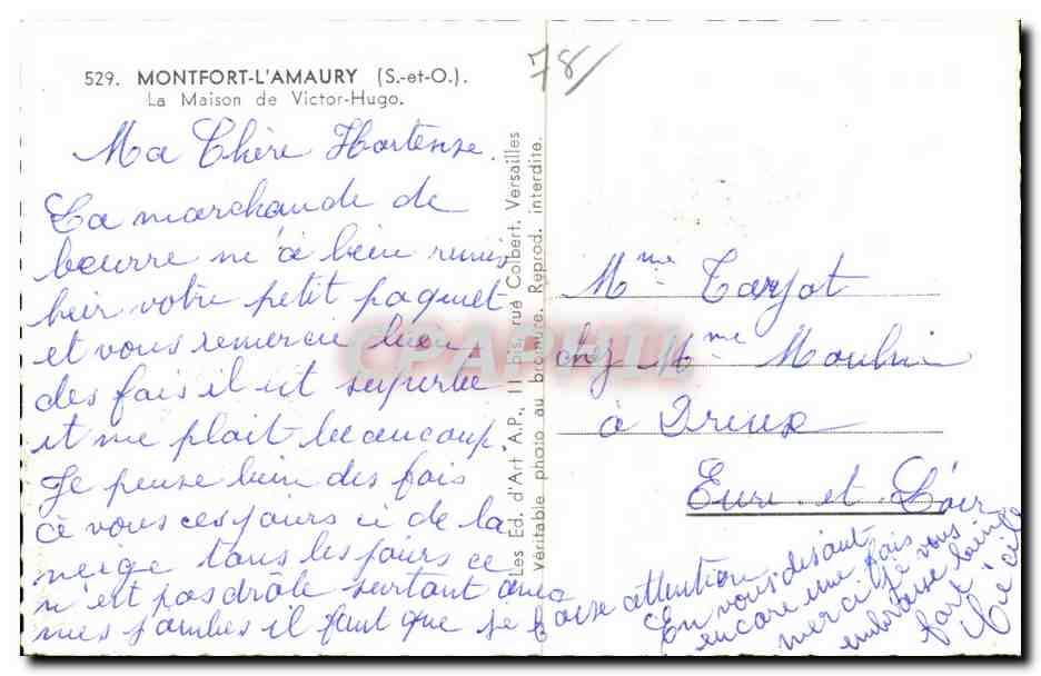 Montfort-l'Amaury — La Maison de Victor-Hugo — Éd. d'Art A.P., n° 529 — Reverso