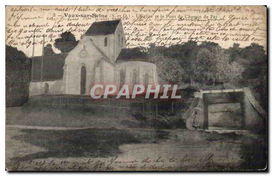 Vaux-sur-Seine (S.-et-O.) — Die Kirche und die Eisenbahnbrücke — unbekannter Verlag, Seriennummer 3