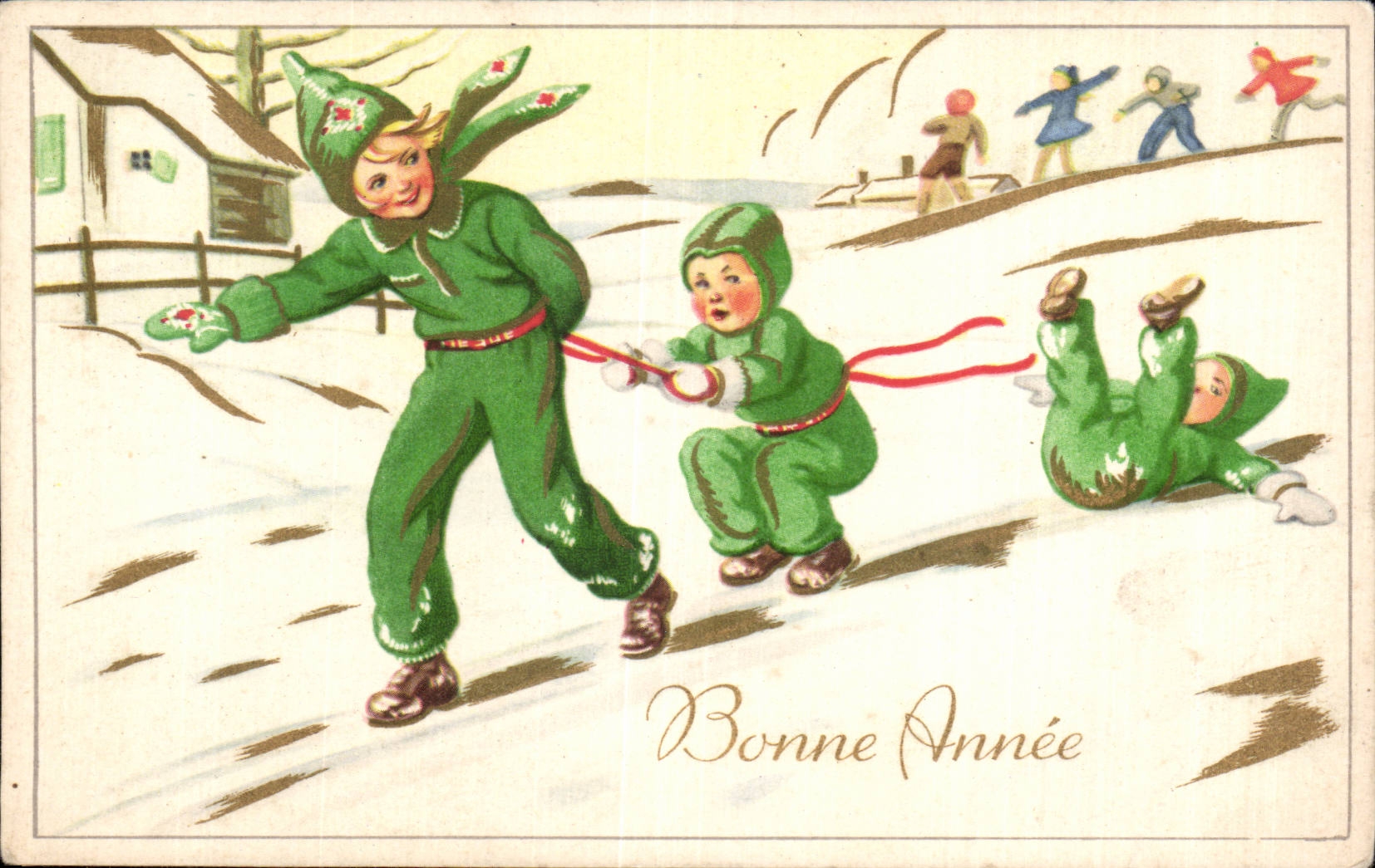 Fetes - Voeux - Bonne Annee - New Year - Children Playing in Snow- CPA