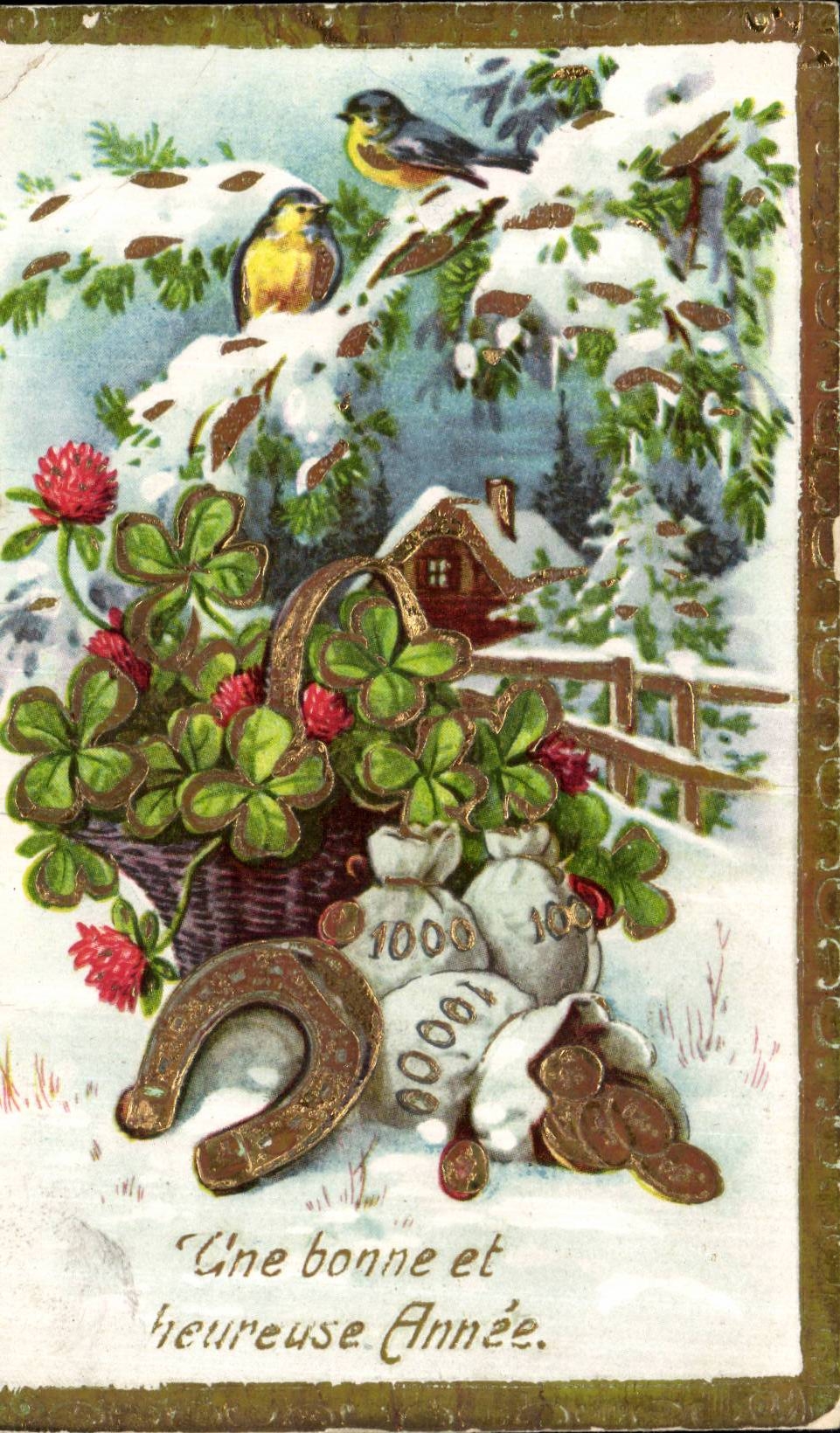 Fetes - Voeux - Bonne Annee - New Year - Horseshoe - four leaf clover - money - CPA
