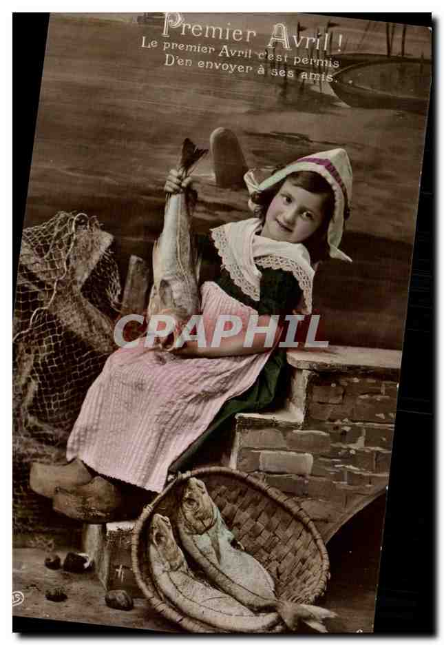 Fetes - Voeux - Poisson d Avril - April Fool - darling girl with fish - CPA
