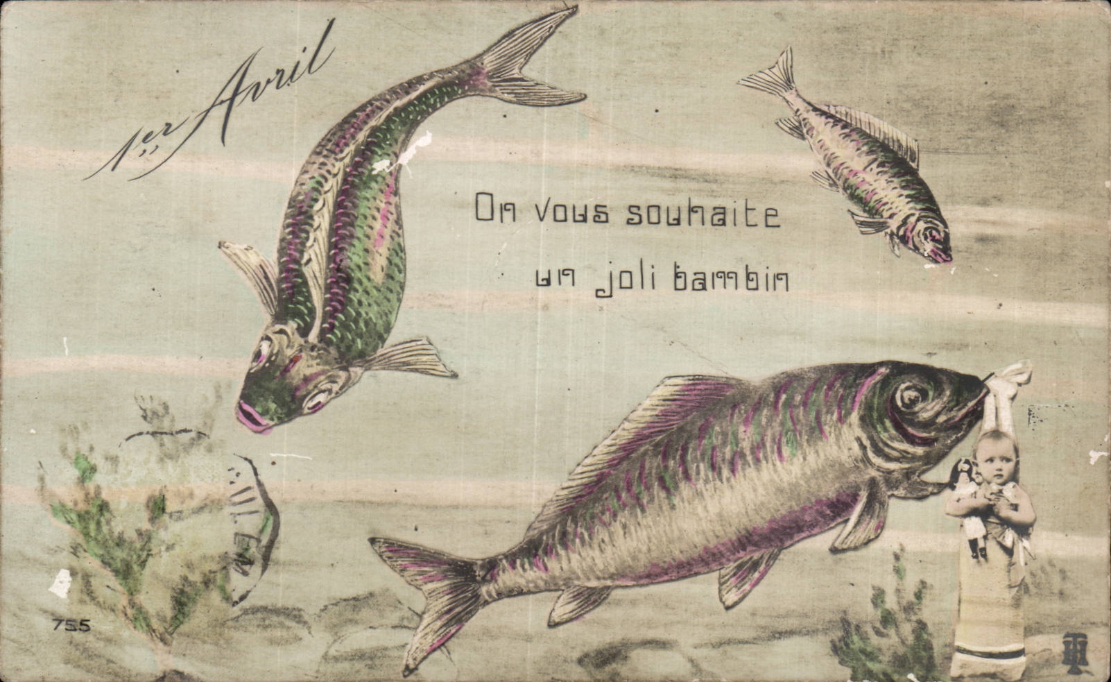 Fetes - Voeux - Poisson d Avril - April Fool - fish and baby - CPA