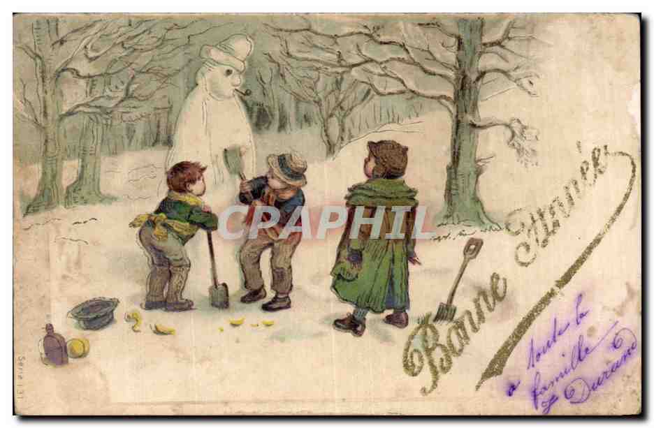 Fetes - Voeux - Bonne Annee - New Year - children building a snowman Bonhomme de neige - CPA
