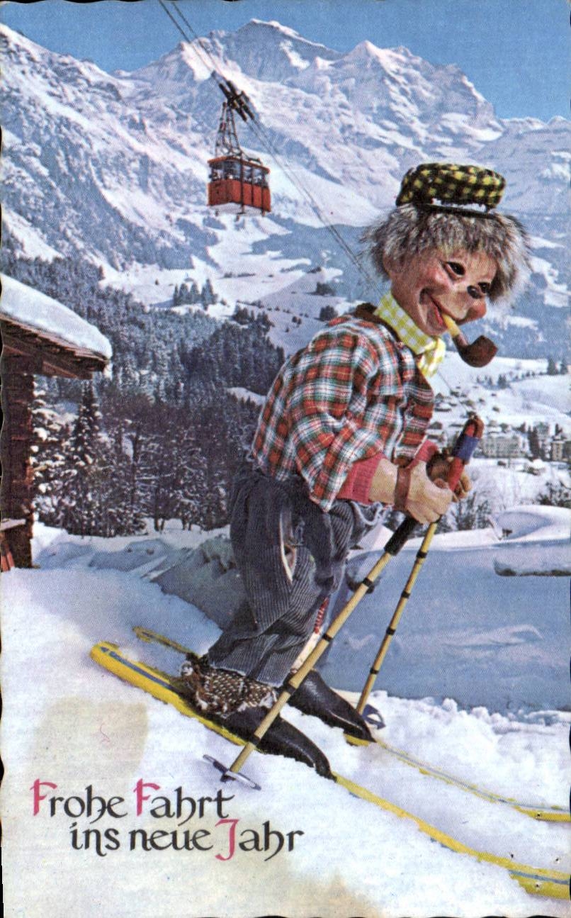 Fetes - Voeux - Bonne Anne - New Year - scary skier - ski - skiing - CPA