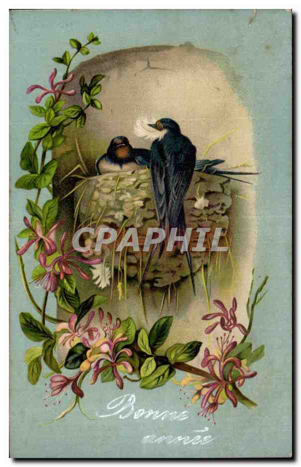 Fetes - Voeux - Bonne Anne - New Year - Birds and nest Hirondelles - CPA