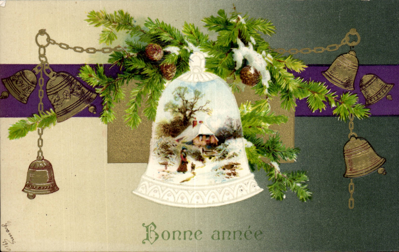 Bonne année — décor de cloches et sapin — éditeur G. Fleury