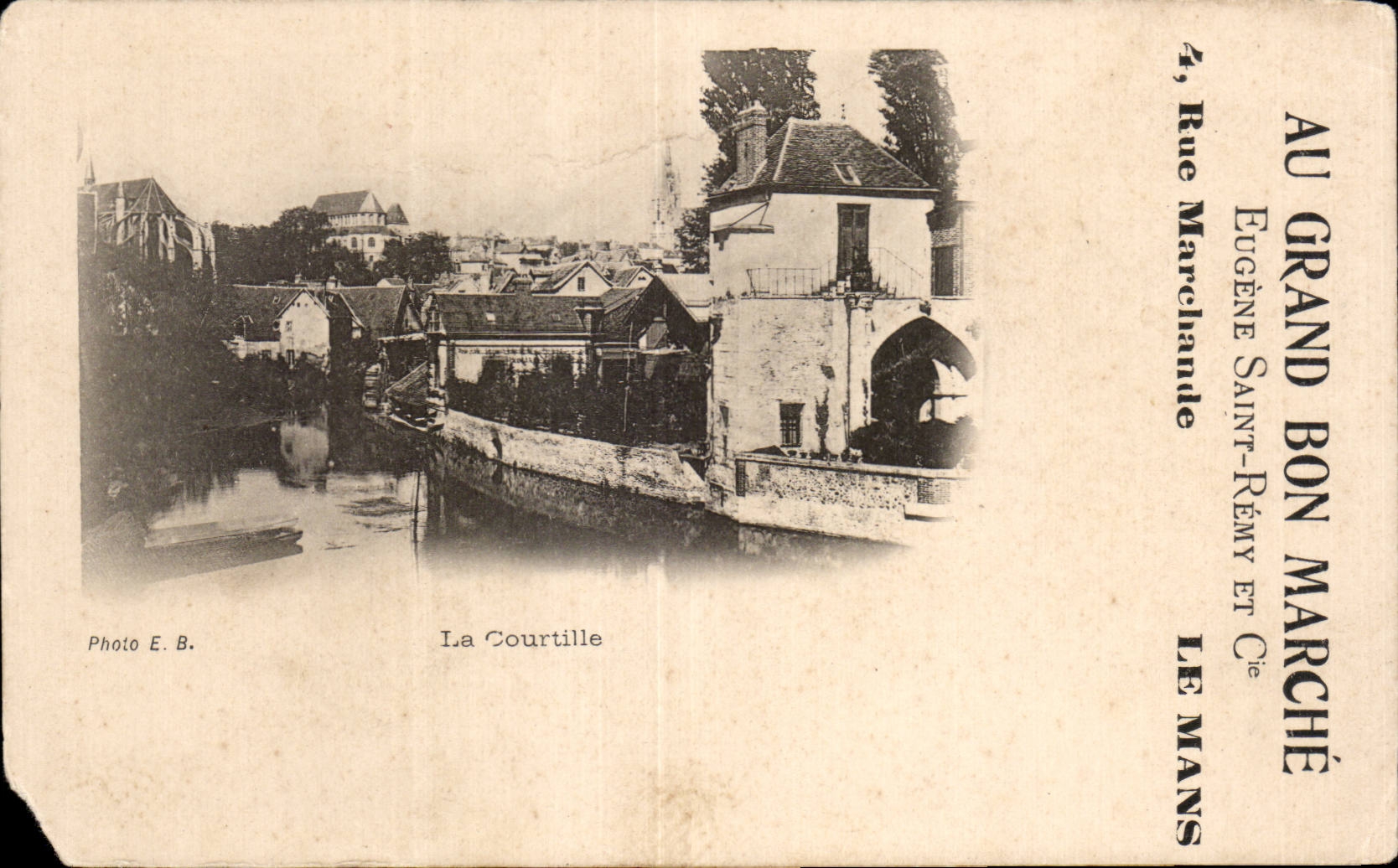 La Courtille — vue du canal et du pont — Photo E.B. — Éditeur Eugène Saint-Rémy et Cie, Le Mans