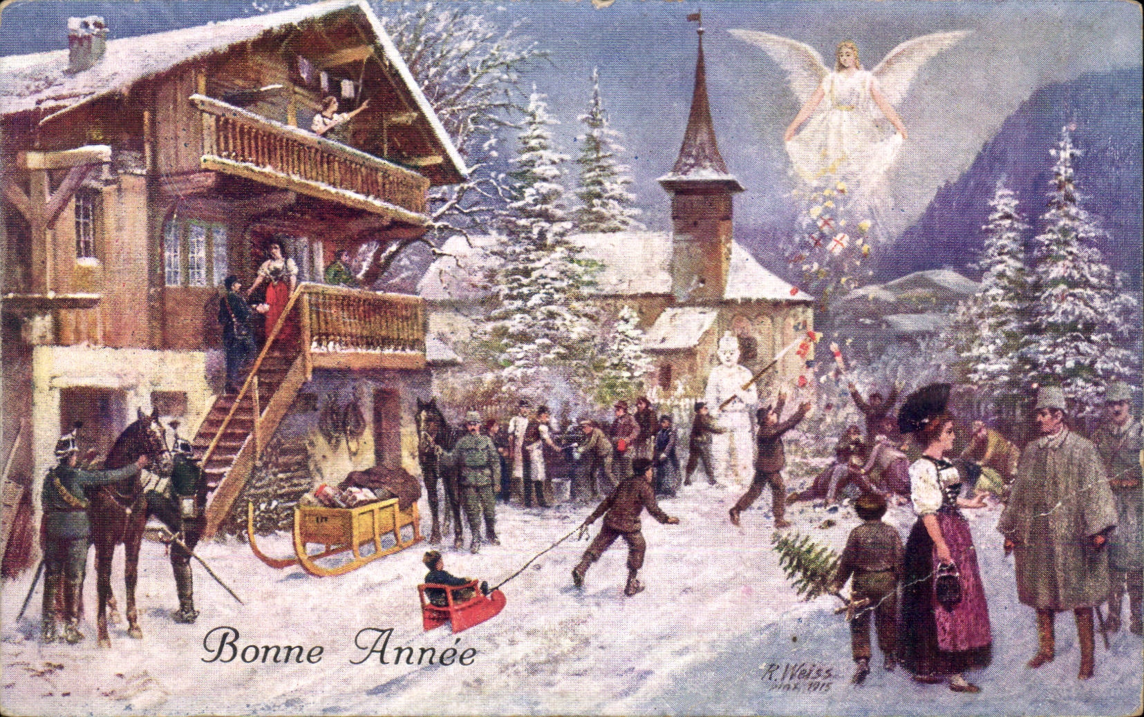 Fetes - Voeux - Holiday - Bonne Annee - Happy New Year - Busy Town Scene - angel - ange - CPA 