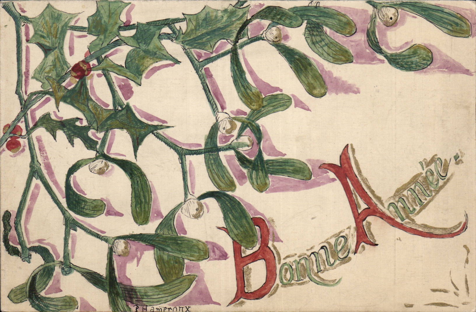 Fetes - Voeux - Holiday - Bonne Annee - Happy New Year - houx - holly - CPA 