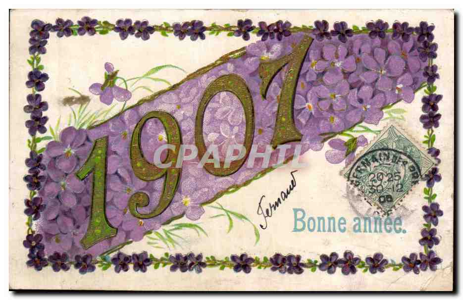 Carte de vœux 1901 — violets — éditeur non identifié, n° de série non visible