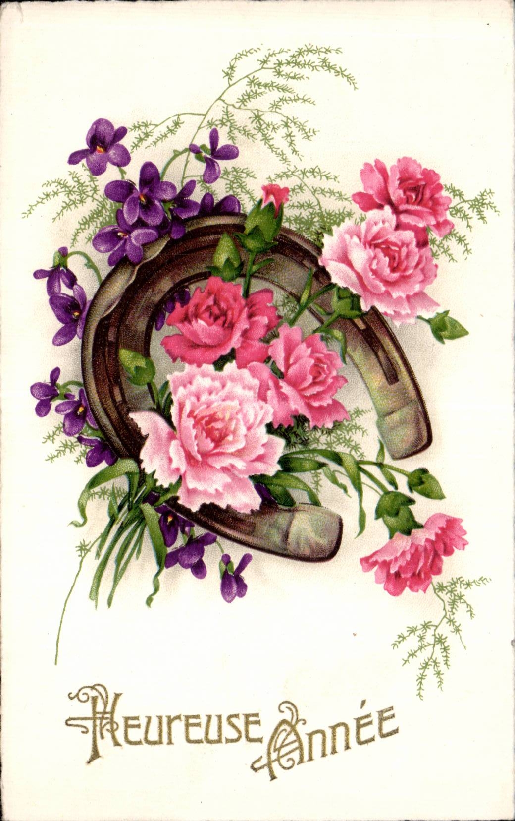 Fleurs Bonne Annee Fer a cheval - CPA 