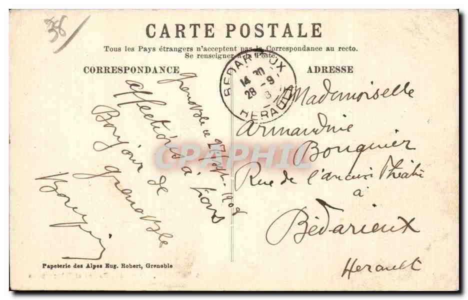 Grenoble — Hôtel des Postes et Télégraphes — Papeterie des Alpes Eug. Robert — Rückseite