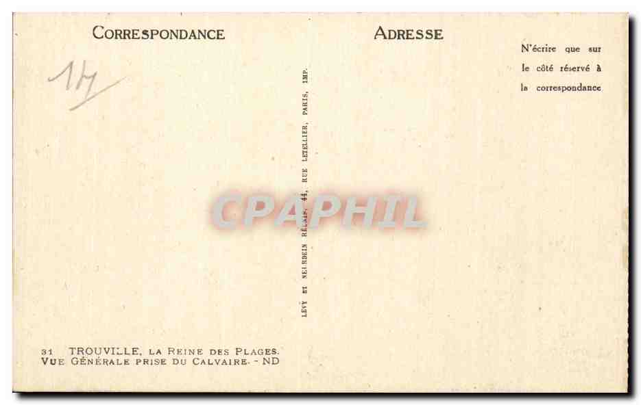 Trouville - La Reine des Plages - Vue Generale prise du Calvaire - CPA  — Verso