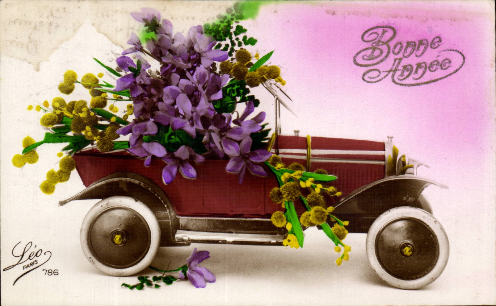CPA Fantaisie Fleurs Bonne annee Automobile