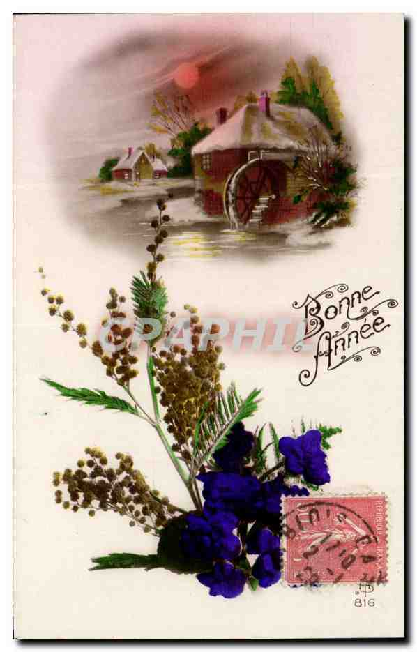 CPA Fantaisie Fleurs Bonne annee Moulin 