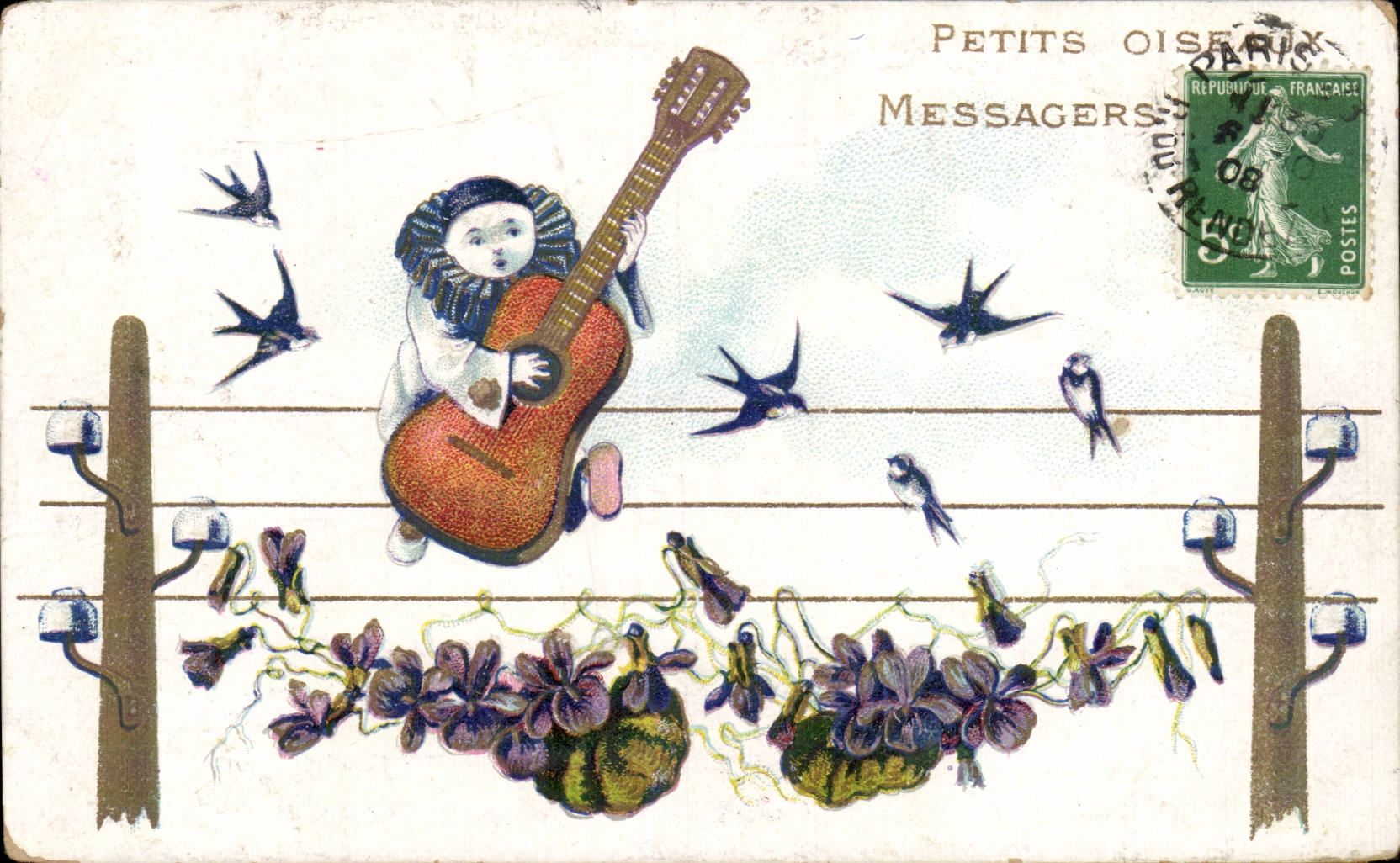 CPA Fantaisie Petits oiseaux messagers Guitare Pierrot Hirondelles