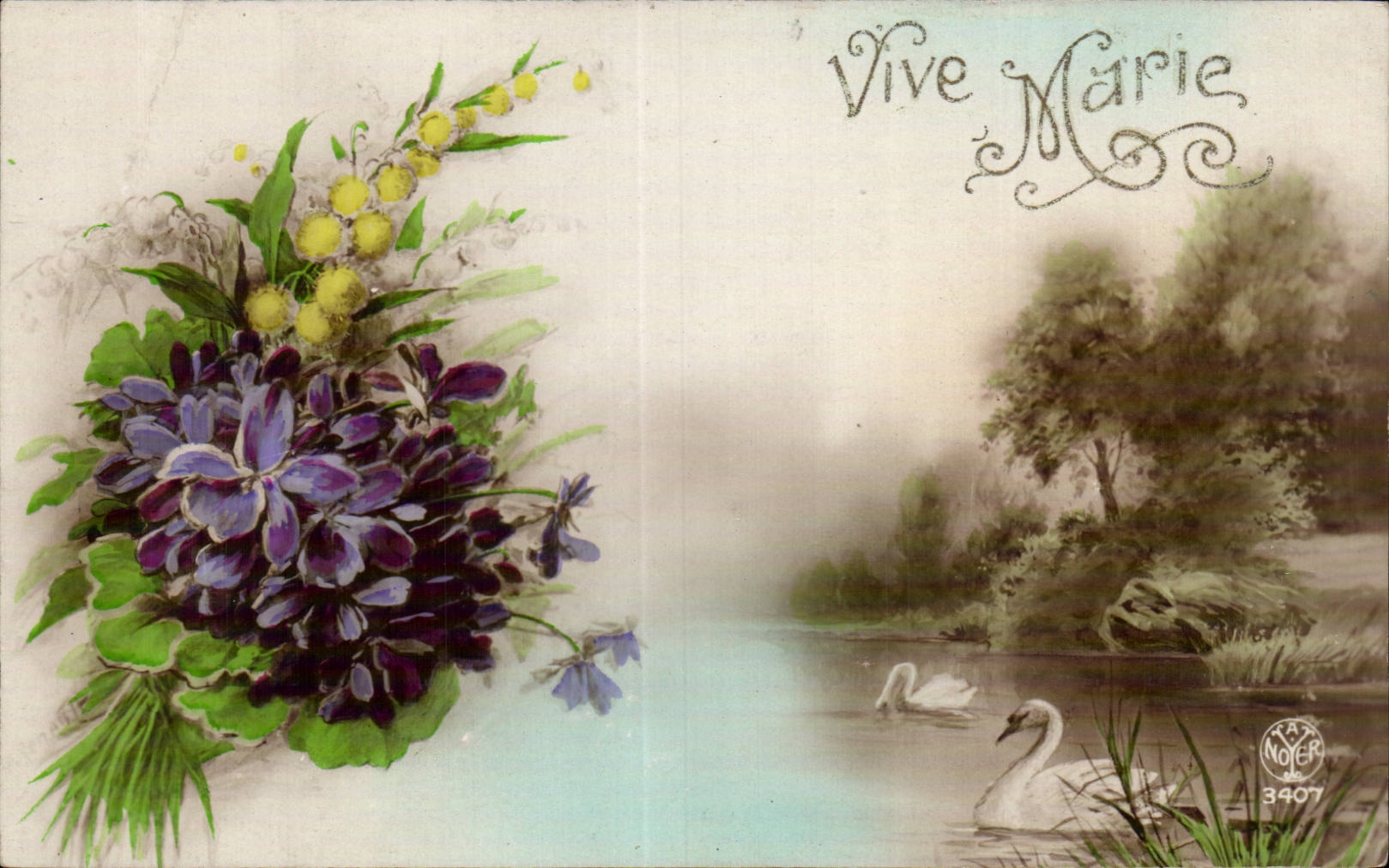 CPA Fantaisie Fleurs Vive Marie Cygne Swan 