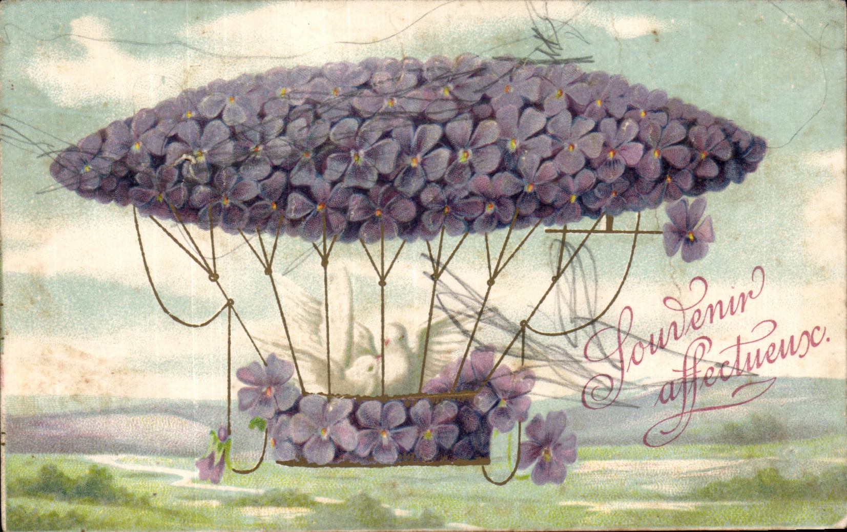 Fleurs Violette - Violet - Montgolfier - Hot Air Balloon - Zeppelin Dirigeable - CPA 