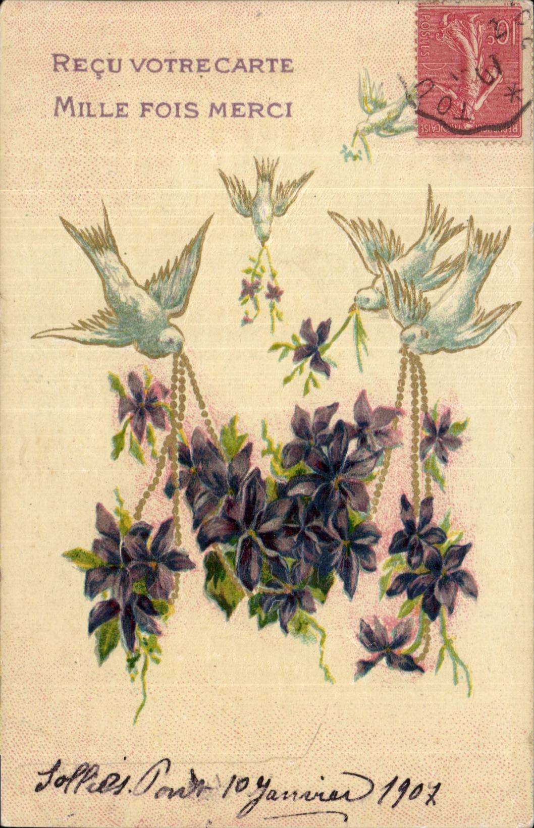 Oiseaux et fleurs — Reçu votre carte, mille fois merci — éditeur inconnu