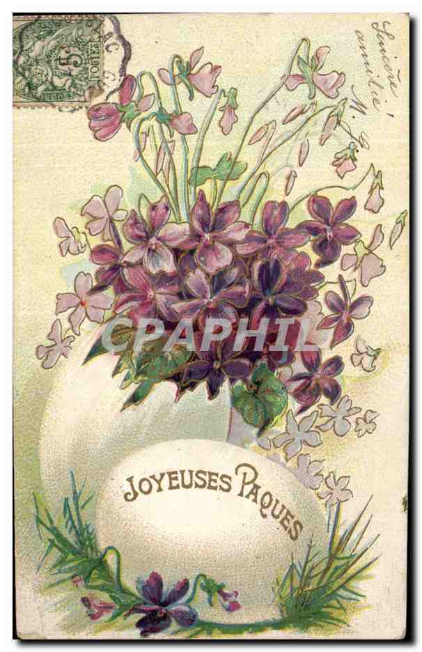 Violetas — Felices Pascuas — Tarjeta postal multilingüe