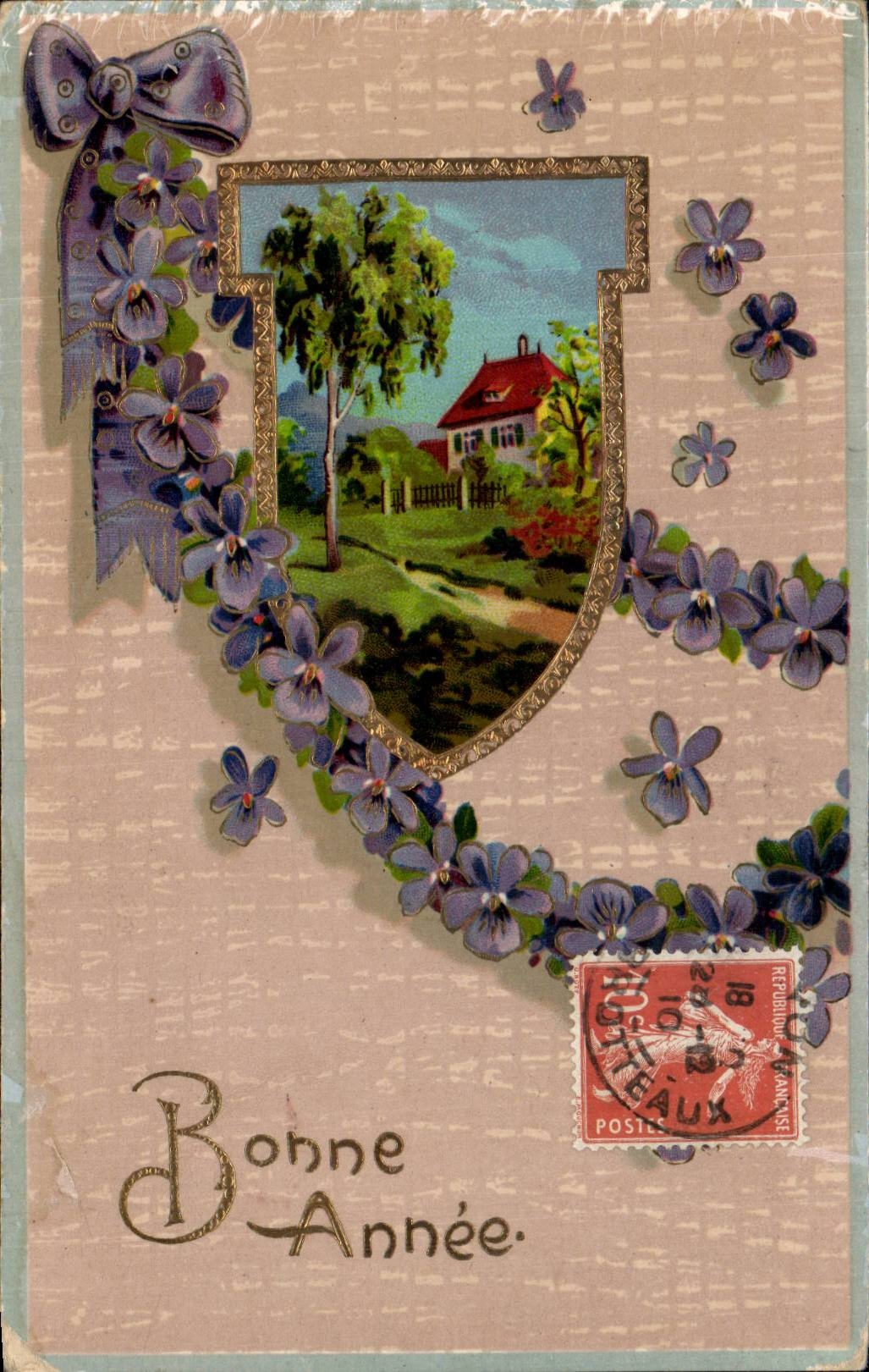 Bonne Année — décor de violettes et paysage — éditeur inconnu, n° de série non visible