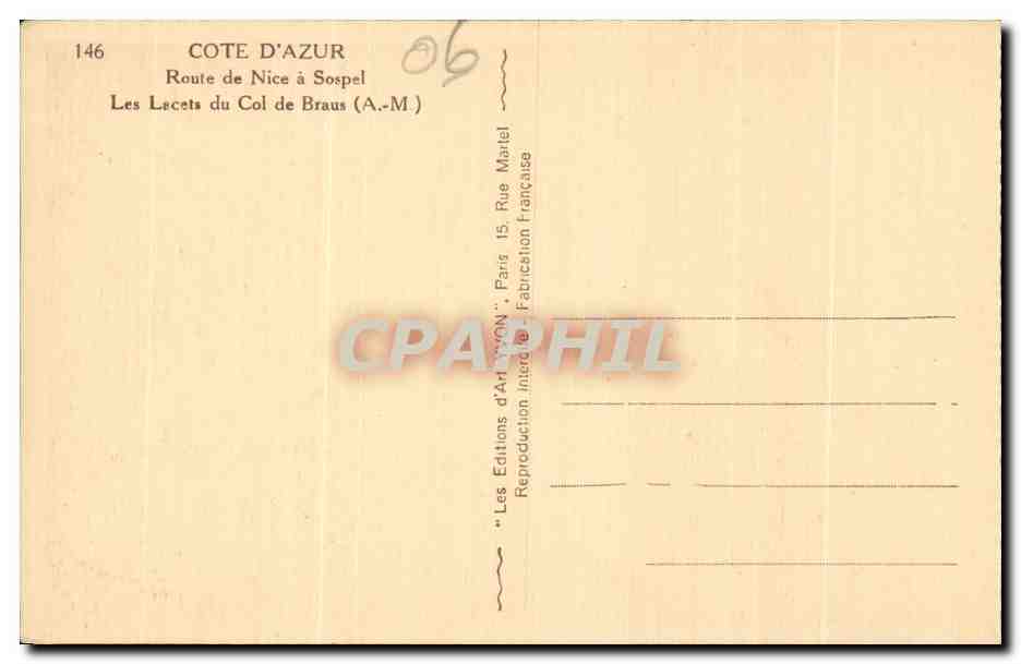 CPA Route de Nice a Sospel Les lacets du col de Braus Automobile — Rückseite