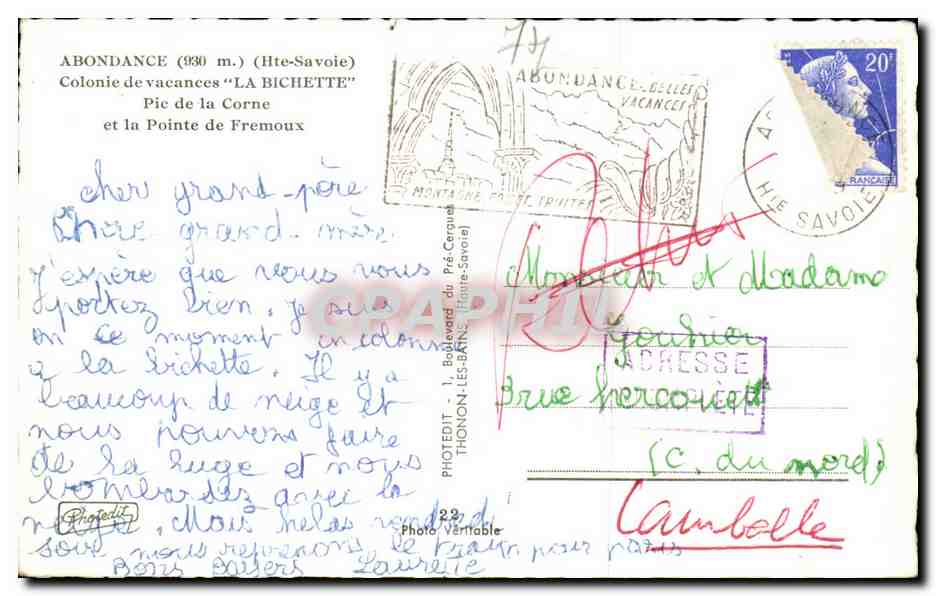 Abondance (1930 m.) — Colonie de vacances "LA BICHETTE" — Photodit Thonon-les-Bains — Reverso