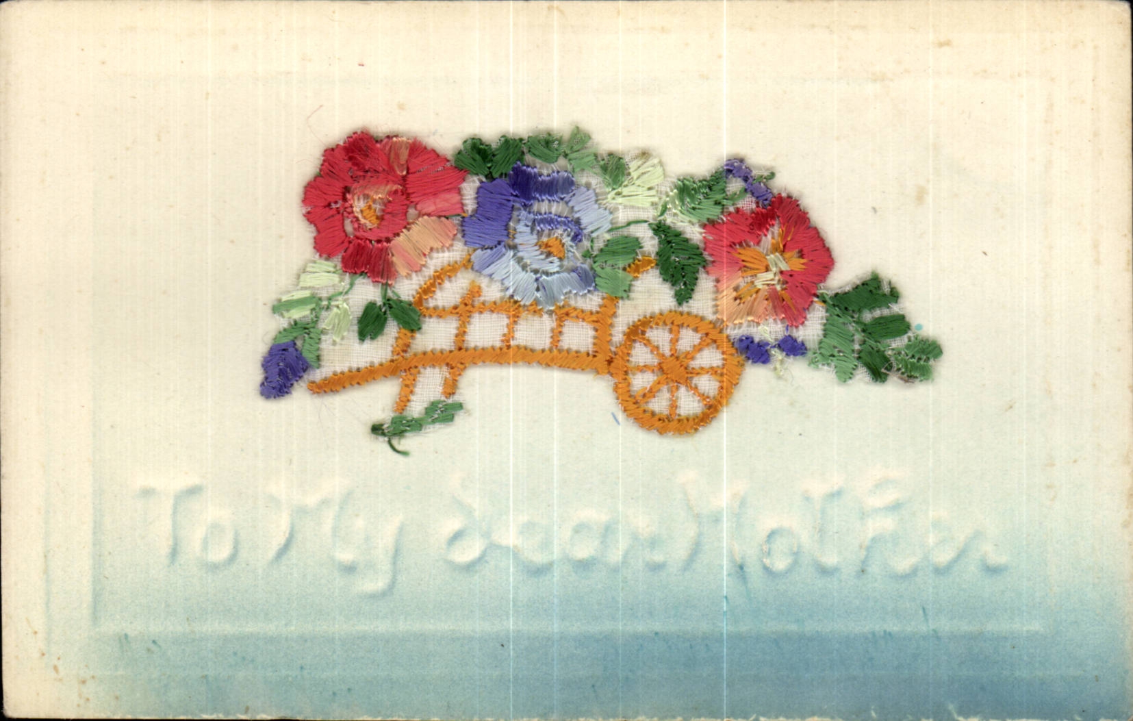 Charrette de fleurs brodée — carte de vœux pour la mère — éditeur inconnu