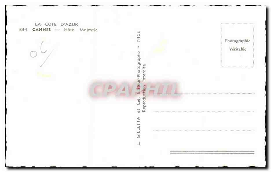 CPSM Cannes Hotel Majestic — Verso