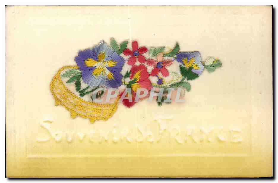 CPA Fantaisie Decor brode Fleurs Souvenir de France