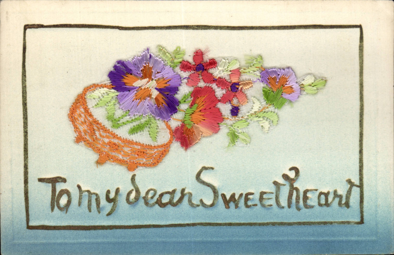 Bouquet de fleurs brodées — carte de vœux — éditeur inconnu