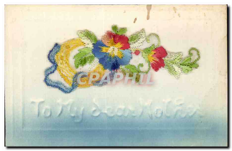 Fleurs brodées — carte à l'adresse de la mère — sans éditeur ni numéro visible