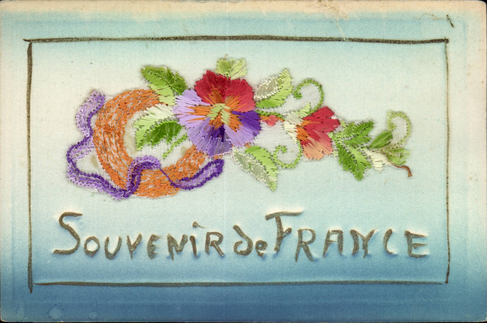 Souvenir de France — carte postale décorative avec broderie — éditeur inconnu
