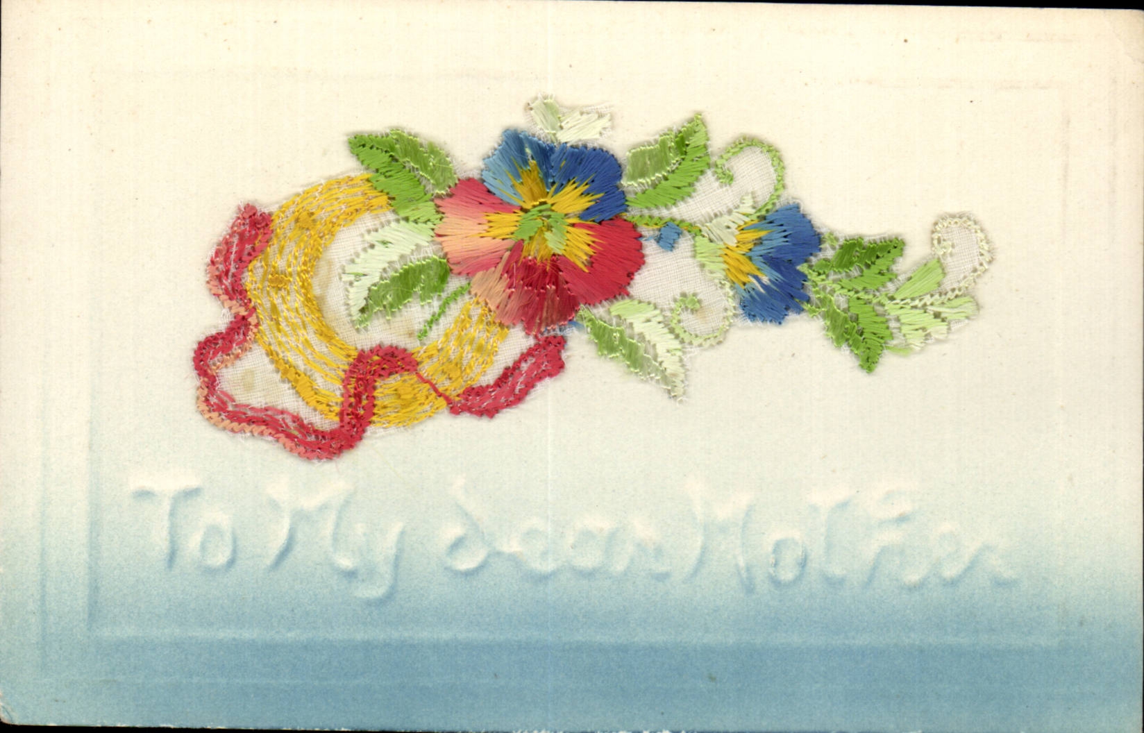 Carte postale brodée — bouquet de fleurs et ruban — dédiée à la mère