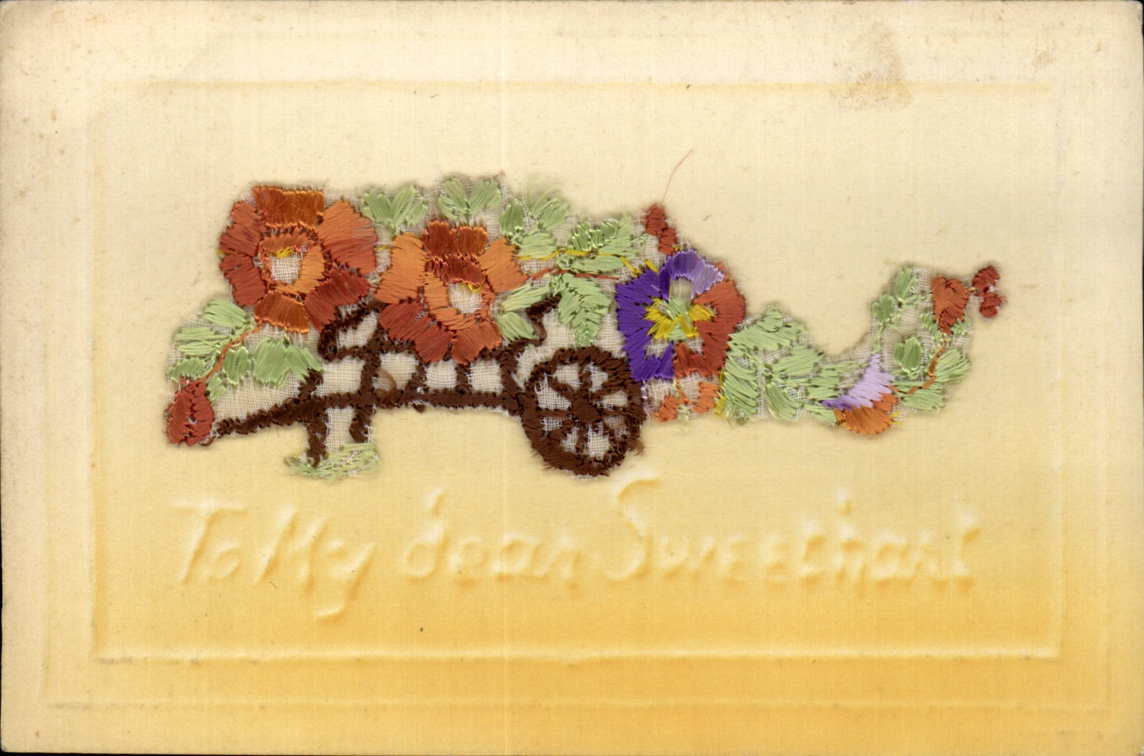 Carte postale brodée — chariot de fleurs — dédicace à 'My dear Sweetheart'