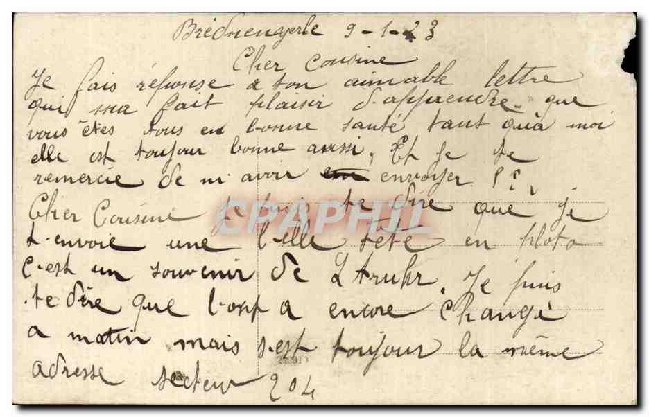 Trois soldats en uniforme — pose avec vélos et charrette — Brié-d'Angle (France) — datée 9-1-23 — Verso