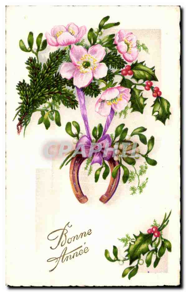 CPA Fantaisie Fleurs Bonne annee Fer a cheval