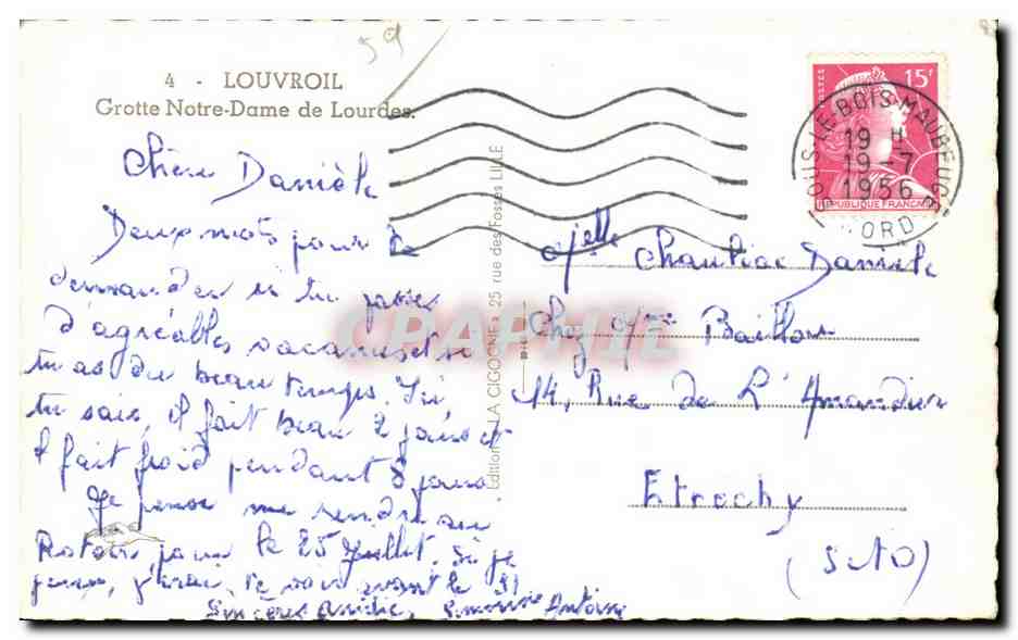 CPSM Louvroil Grotte Notre Dame de Lourdes — Rückseite