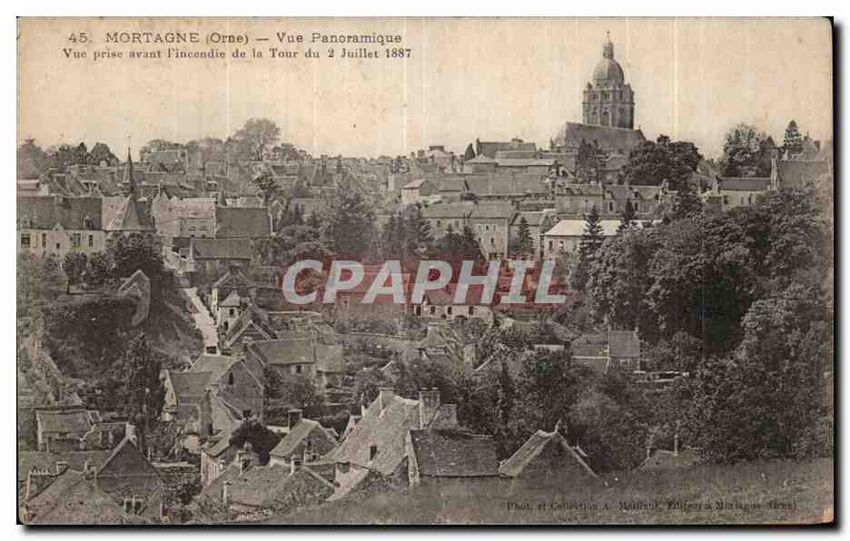 Mortagne (Orne) — Vue panoramique prise avant l'incendie de la tour du 2 juillet 1887 — Phot. et Collection A. Wolfart, Éditeurs à Mortagne (Orne)