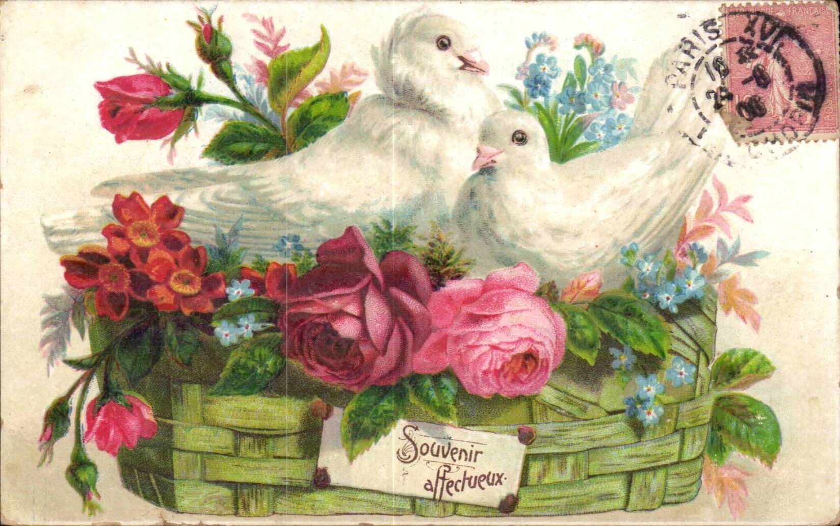 Deux colombes dans un panier de fleurs — Souvenir affectueux — K.F. éditeurs, Série 1422